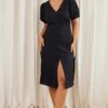 Black Midi Dress V-neck Puff Sleeve