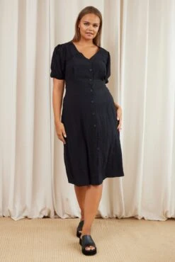 Black Midi Dress V-neck Puff Sleeve -You And All Fashion Store cdd25802 33ab black 3