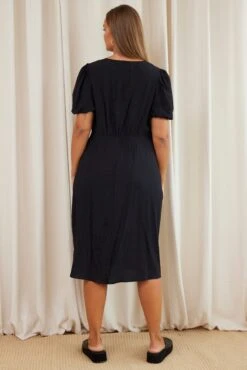 Black Midi Dress V-neck Puff Sleeve -You And All Fashion Store cdd25802 33ab black 5