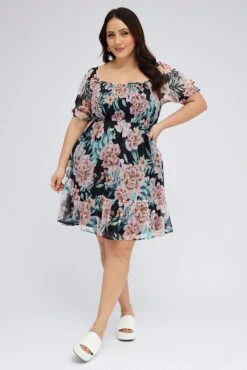 Black Shirred Chiffon Knee Dress -You And All Fashion Store cdd25808a 35ab floral 3