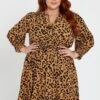 Animal Print Midi Dress V-neck Long Sleeve
