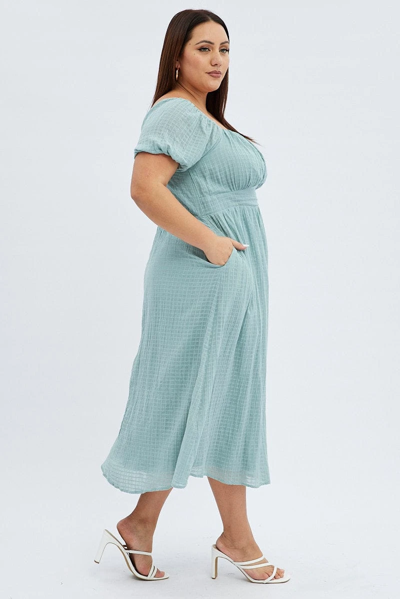 Green Midi Dress Check Cotton Puff Sleeve 4 Green Midi Dress Check Cotton Puff Sleeve - Image 4