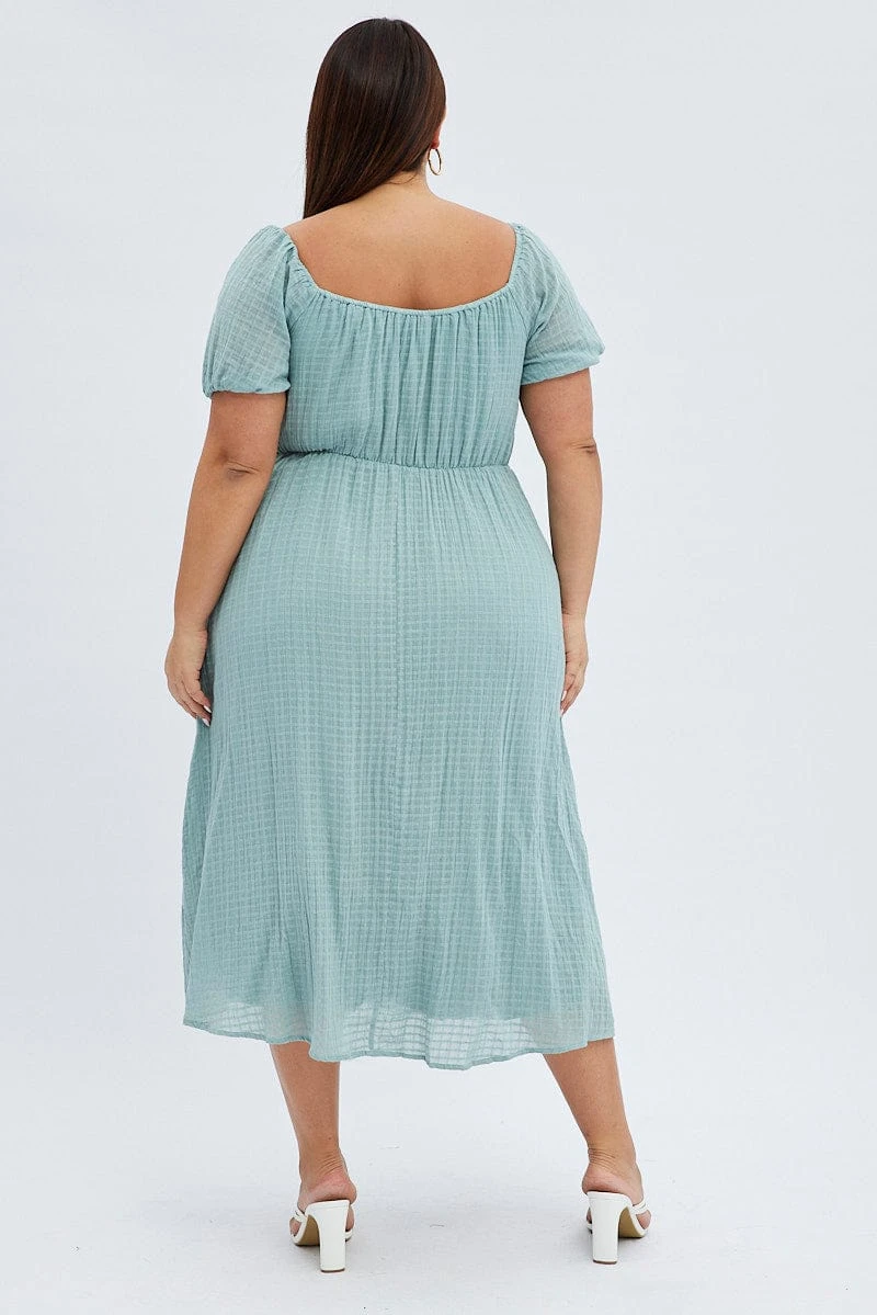 Green Midi Dress Check Cotton Puff Sleeve 5 Green Midi Dress Check Cotton Puff Sleeve - Image 5
