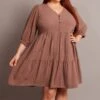 Brown V-neck Button Through Linen Blend Minidress