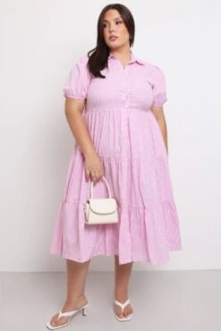 Pink Stripe Shirt Dress Short Sleeve Tiered