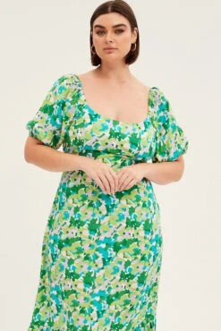 Green Floral Midi Dress Puff Sleeve Tie Front Rayon -You And All Fashion Store cdd25894 46ab floral 2