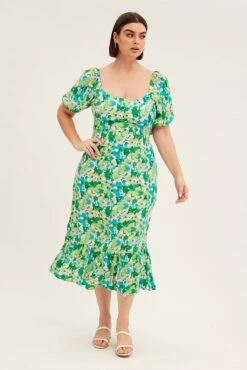 Green Floral Midi Dress Puff Sleeve Tie Front Rayon -You And All Fashion Store cdd25894 46ab floral 3