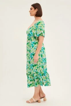 Green Floral Midi Dress Puff Sleeve Tie Front Rayon -You And All Fashion Store cdd25894 46ab floral 4