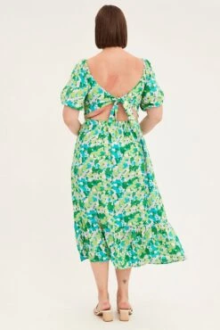 Green Floral Midi Dress Puff Sleeve Tie Front Rayon -You And All Fashion Store cdd25894 46ab floral 5