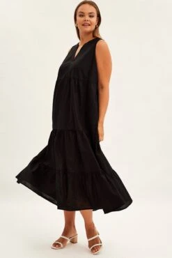 Black Maxi Dress Sleeveless Tiered Linen Blend -You And All Fashion Store cdd25907 46ab black 3