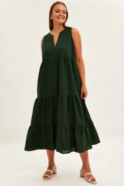 Green Maxi Dress Sleeveless Tiered Linen Blend -You And All Fashion Store cdd25907 46ab forest 3