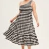 Multi Check Midi Dress One Shoulder Shirred Gingham Check