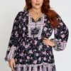 Floral Print Long Sleeve Boho Print Button Tiered Dress