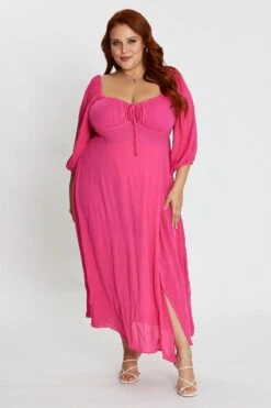 Hot Pink Maxi Dress Scoop Neck Short Sleeve Front Split -You And All Fashion Store cdd27019 35lb h pink 3 1