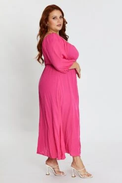 Hot Pink Maxi Dress Scoop Neck Short Sleeve Front Split -You And All Fashion Store cdd27019 35lb h pink 4 1