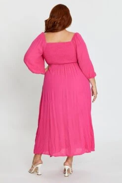 Hot Pink Maxi Dress Scoop Neck Short Sleeve Front Split -You And All Fashion Store cdd27019 35lb h pink 5 1