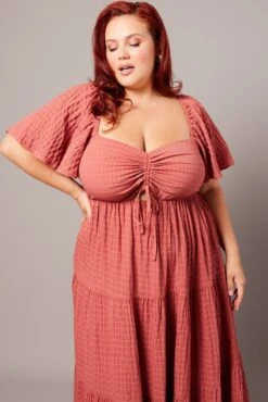 Brown Midi Dress Short Sleeve Textured -You And All Fashion Store cdd2768 81r rust 3