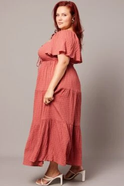 Brown Midi Dress Short Sleeve Textured -You And All Fashion Store cdd2768 81r rust 4