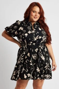 Black Abstract Shirt Dress Short Sleeve Self Tie -You And All Fashion Store cdd2901c 35rb abstract 3