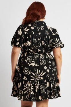 Black Abstract Shirt Dress Short Sleeve Self Tie -You And All Fashion Store cdd2901c 35rb abstract 5