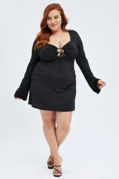 Black Mini Dress Tie Bust Flare Jersey -You And All Fashion Store cdd2956 47ab black 3