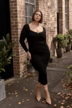 Black Knit Dress Lace Up Front Long Sleeve Rib