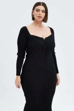 Black Knit Dress Lace Up Front Long Sleeve Rib -You And All Fashion Store cdd2993db 40ab black 3