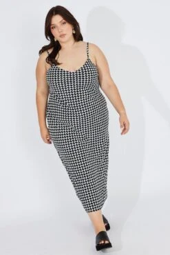 Black Geo Shoestring Strap Slip Maxidress