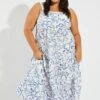 Blue Abstract Maxidress Shirred Back Tiered