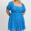 Blue Scoop Neck Frill Sleeve Minidress