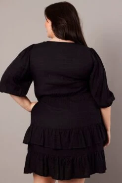 Black 3/4 Sleeve Tie Frill Mini Dress -You And All Fashion Store cdd31658l 47a black 5