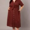 Brown Midi Dress Puff Sleeve Belted With Pockets