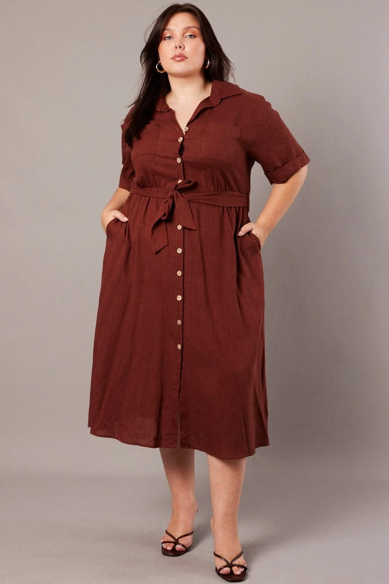 Brown Midi Dress Puff Sleeve Belted With Pockets 1 Brown Midi Dress Puff Sleeve Belted With Pockets