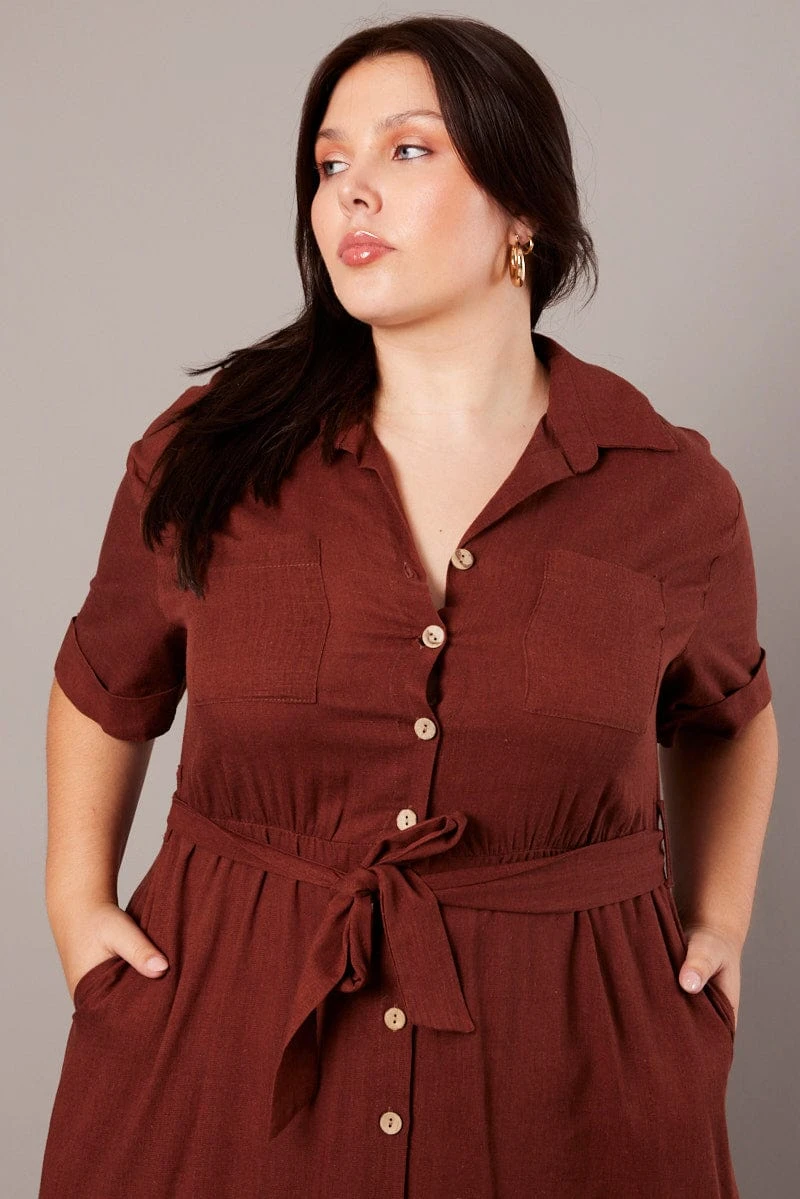 Brown Midi Dress Puff Sleeve Belted With Pockets 2 Brown Midi Dress Puff Sleeve Belted With Pockets - Image 2