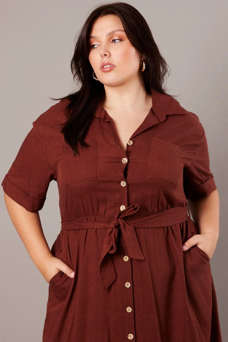 Brown Midi Dress Puff Sleeve Belted With Pockets 3 Brown Midi Dress Puff Sleeve Belted With Pockets - Image 3