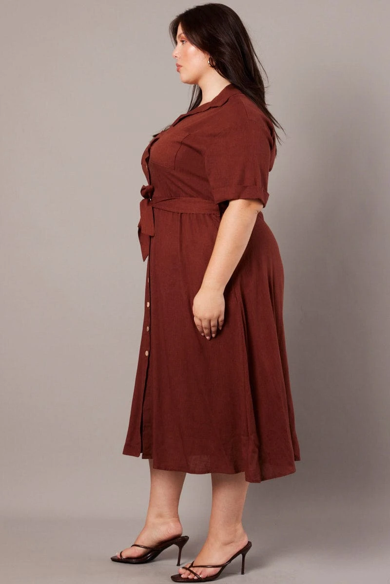 Brown Midi Dress Puff Sleeve Belted With Pockets 4 Brown Midi Dress Puff Sleeve Belted With Pockets - Image 4