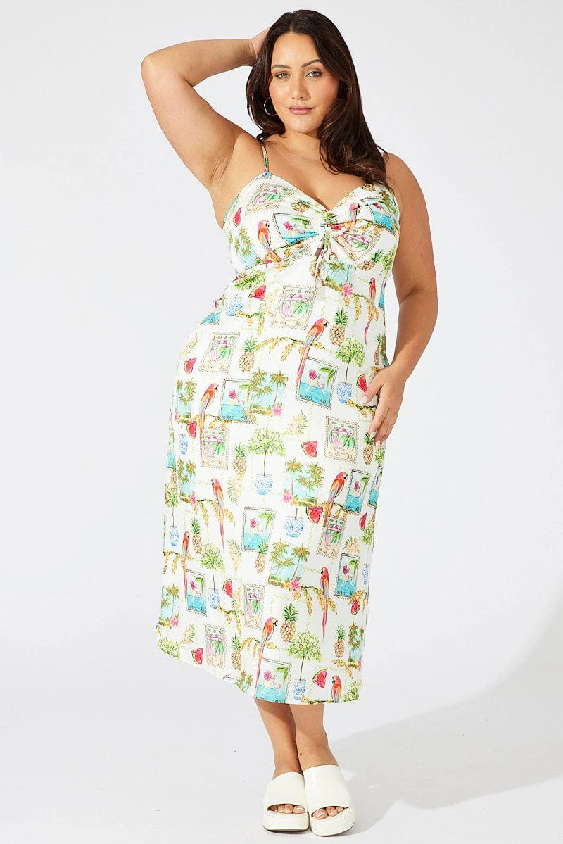 Multi Abstract Midi Dress Drawstring Front Holiday Print 1 Multi Abstract Midi Dress Drawstring Front Holiday Print