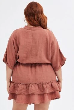 Brown Mini Dress Button Front Cotton Crush -You And All Fashion Store cdd31803 10ab clay 5