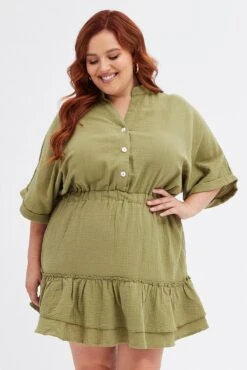 Green Mini Dress Button Front Cotton Crush -You And All Fashion Store cdd31803a 10ab khaki 3