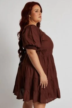 Brown Minidress Shirred Sleeve Wrap Linen Blend -You And All Fashion Store cdd31815 59ab clay 4