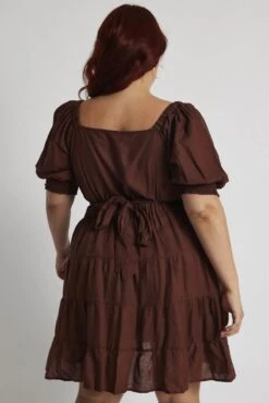 Brown Minidress Shirred Sleeve Wrap Linen Blend -You And All Fashion Store cdd31815 59ab clay 5