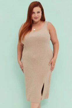 Beige Knit Dress Sleeveless Split Front Rib Midi -You And All Fashion Store cdd31826 40a stone 3