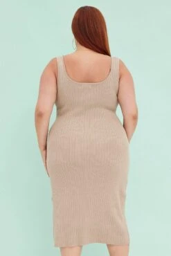 Beige Knit Dress Sleeveless Split Front Rib Midi -You And All Fashion Store cdd31826 40a stone 5