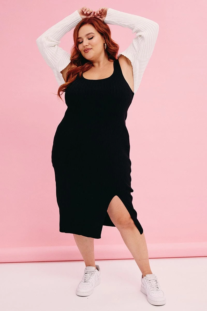 Black Knit Dress Sleeveless Split Front Rib Midi 1 Black Knit Dress Sleeveless Split Front Rib Midi