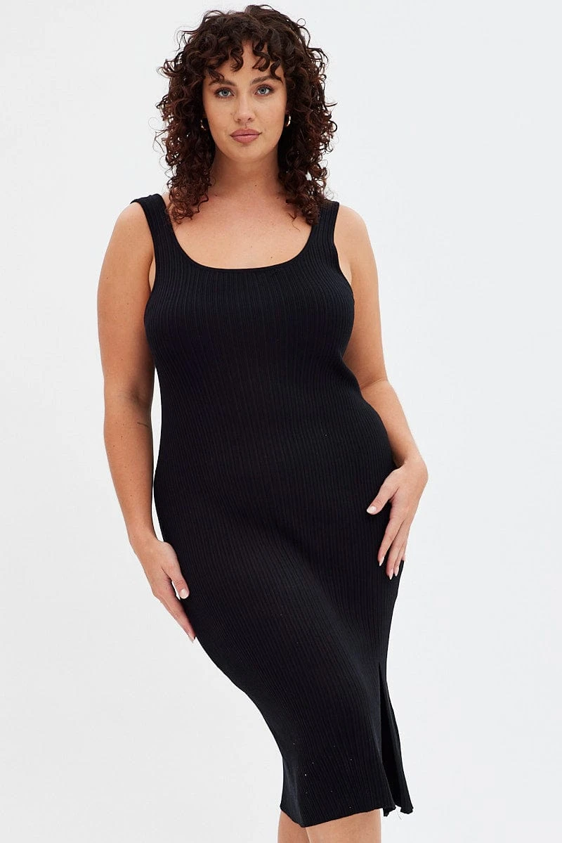 Black Knit Dress Sleeveless Split Front Rib Midi 2 Black Knit Dress Sleeveless Split Front Rib Midi - Image 2
