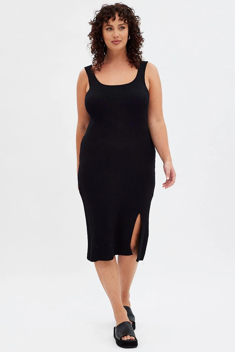 Black Knit Dress Sleeveless Split Front Rib Midi 3 Black Knit Dress Sleeveless Split Front Rib Midi - Image 3
