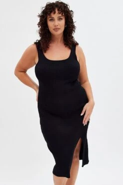Black Knit Dress Sleeveless Split Front Rib Midi 10 Black Knit Dress Sleeveless Split Front Rib Midi -You And All Fashion Store cdd31826 40ab black 4