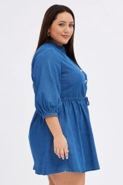 Blue Shirt Dress Denim Look Puff Sleeve -You And All Fashion Store cdd31828 33ab denim 4
