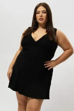 Black Linen Blend V Neck Fitted Minidress