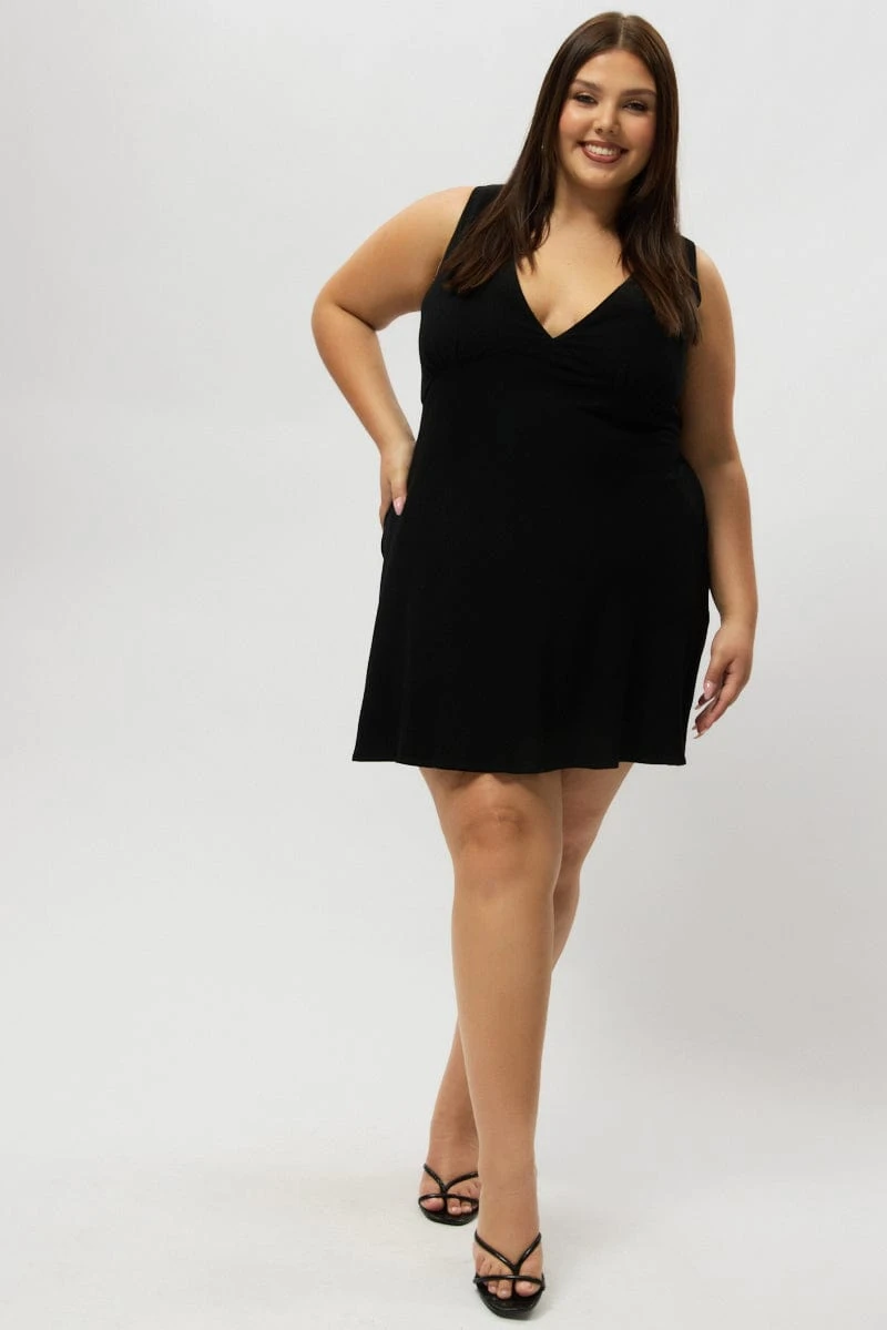 Black Linen Blend V Neck Fitted Minidress 2 Black Linen Blend V Neck Fitted Minidress - Image 2